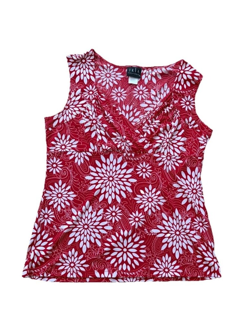JKLA California Floral Sleeveless Red White Top Size Large V Neck Stretch VTG